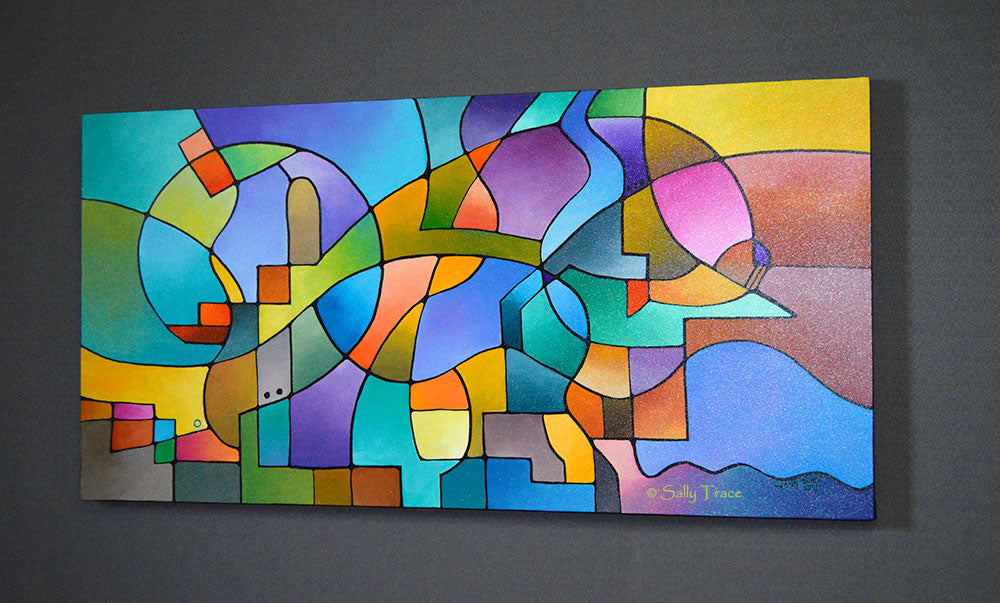 "Equilibrium" original geometric abstract painting for sale by Sally Trace, side view