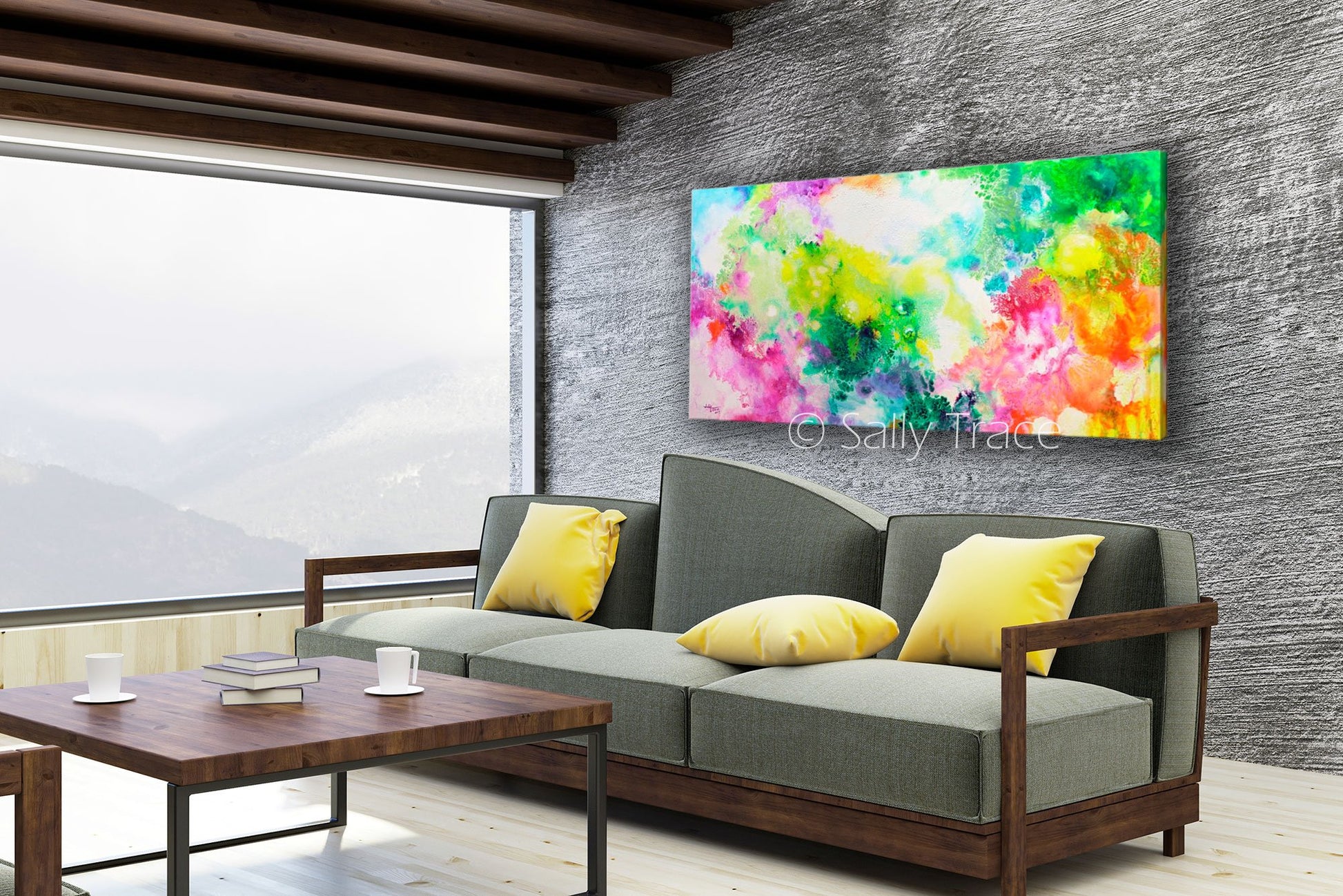 Ethereal Resonance, giclee print on stretched canvas from the original fluid painting by Sally Trace, room view