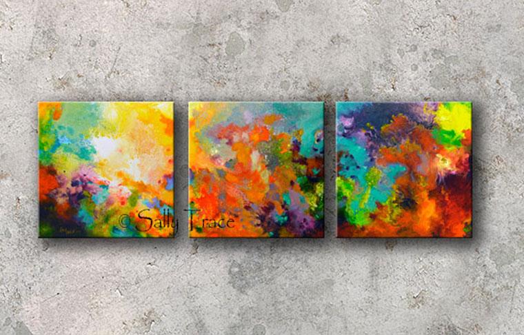 Momentum, original abstract triptych paintings. Three 20x20 inch paintings, acrylic on canvas. A richly detailed fluid painting with light texture