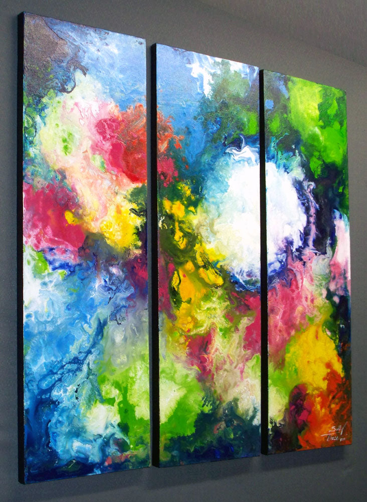 Exes and Ohs, triptych fluid acrylic painting on canvas by Sally Trace