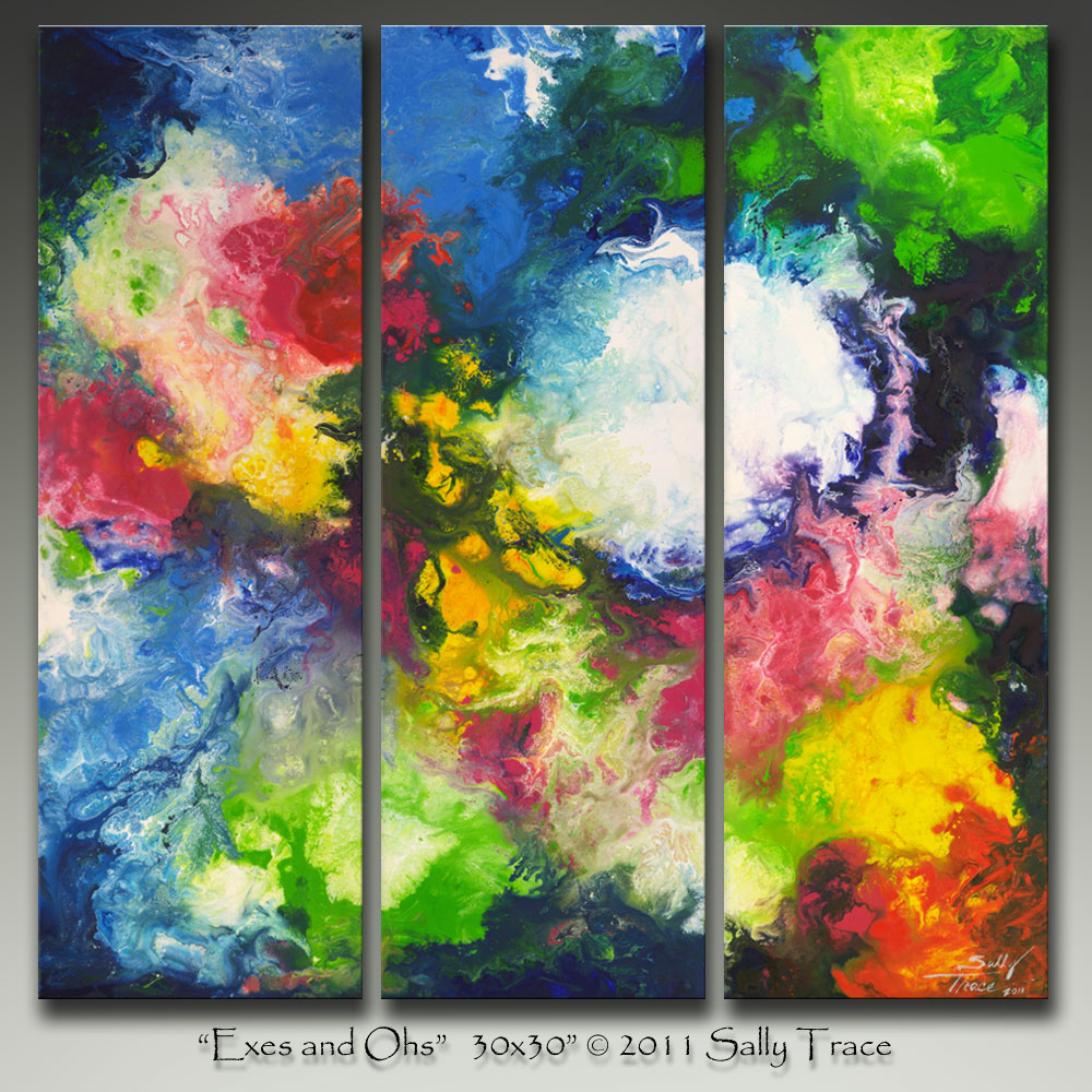 Exes and Ohs, triptych fluid acrylic painting on canvas by Sally Trace