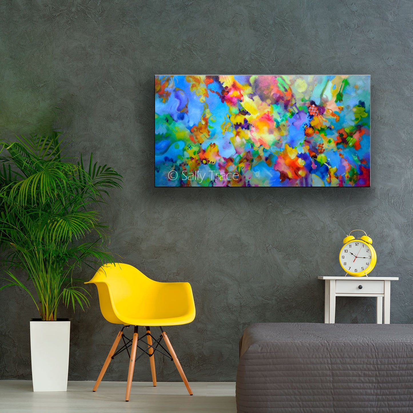 Original contemporary abstract artwork for sale, acrylic on canvas painting "Floating Caravans" by Sally Trace.  A textured expressionist original painting, modern abstract expressionism, original abstract art for sale, room view