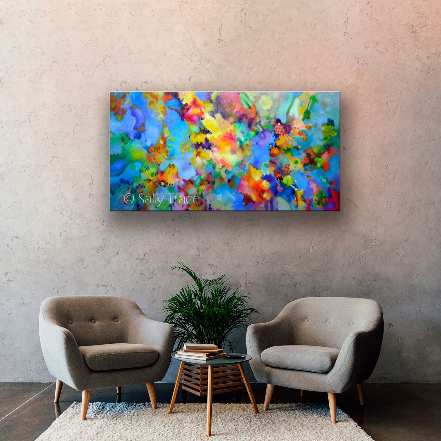 Original contemporary abstract artwork for sale, acrylic on canvas painting "Floating Caravans" by Sally Trace.  A textured expressionist original painting, modern abstract expressionism, original abstract art for sale, room view