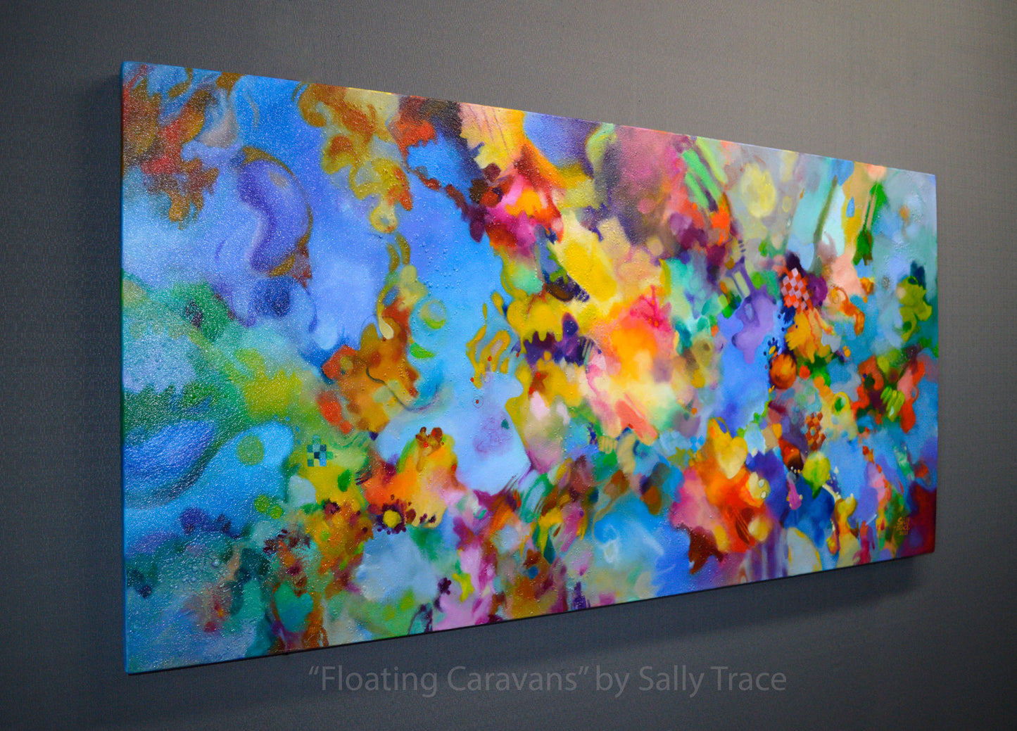 Interior design modern large wall art for living room, Sally Trace acrylic on canvas painting "Floating Caravans",  a free-form expressionist painting, modern contemporary art abstract paintings, original abstract art for sale online. original acrylic paintings for sale, left view