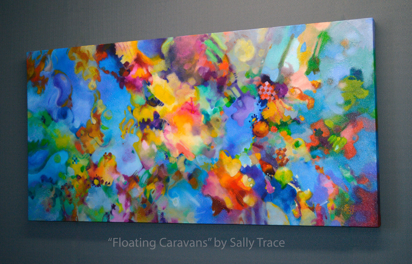 Living room large abstract wall art, original contemporary abstract artwork for sale, acrylic on canvas painting "Floating Caravans" by Sally Trace.  A textured expressionist original painting, right view