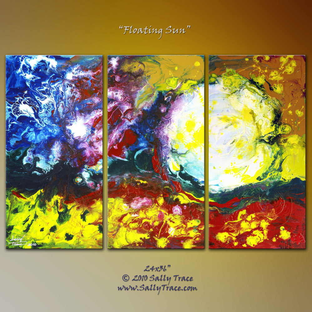 Floating Sun, fluid painting triptych