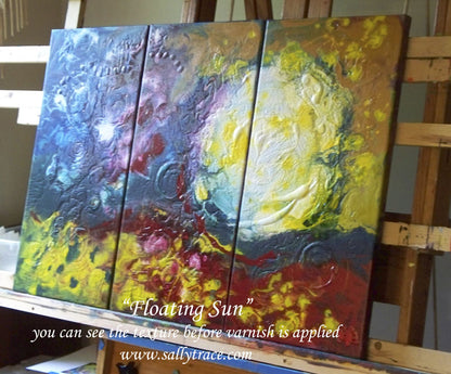 Floating Sun, fluid painting triptych