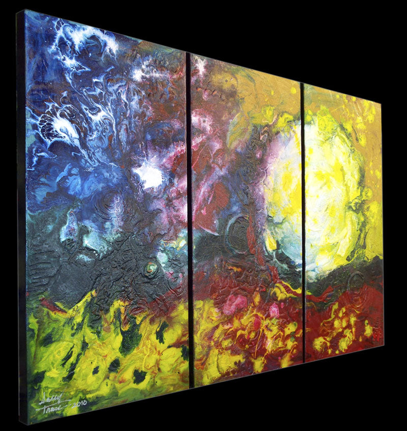 Floating Sun, fluid painting triptych