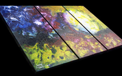 Floating Sun, fluid painting triptych, sold
