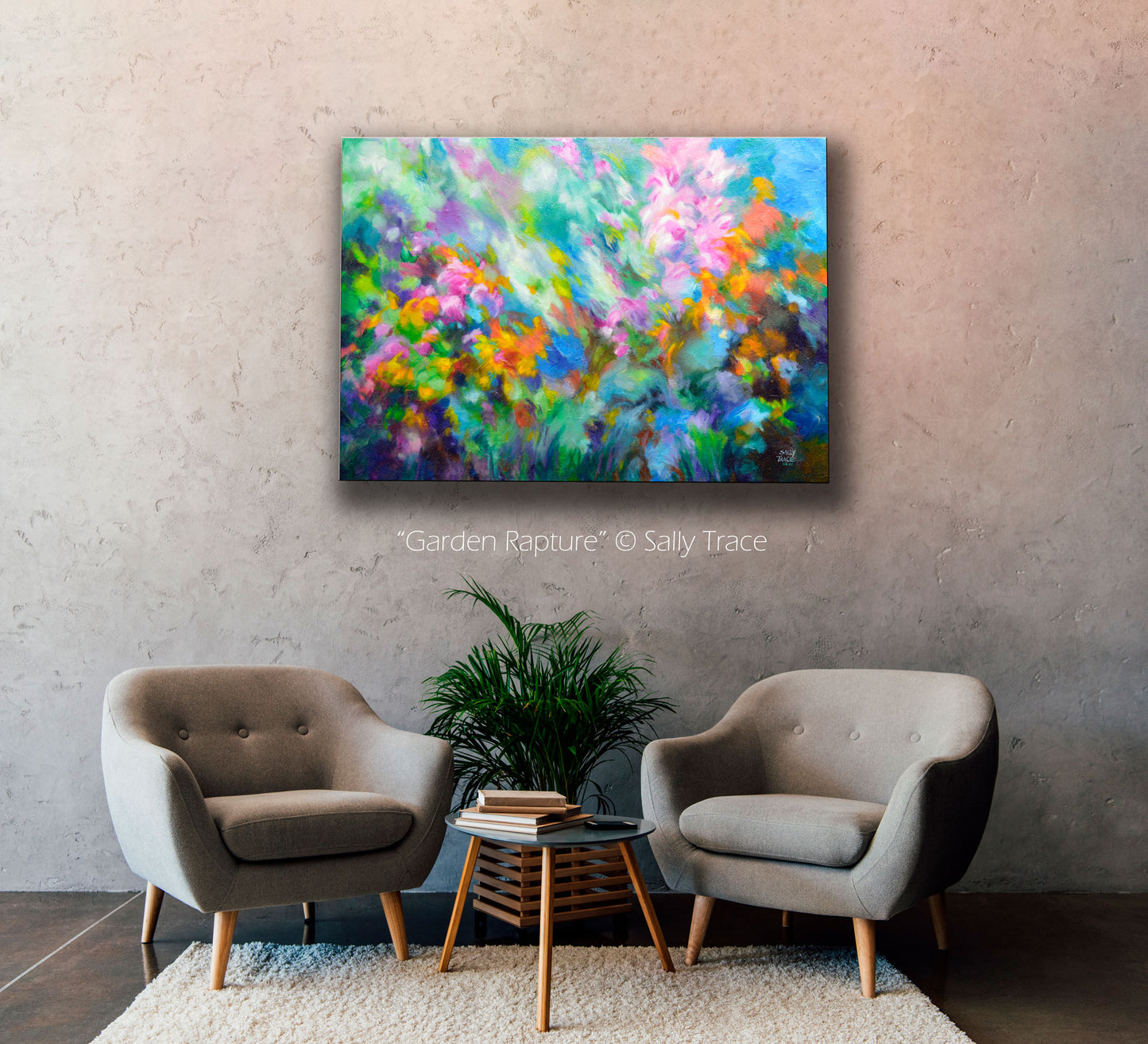 Abstract mixed media textured impasto painting "Garden Rapture" 24x36 inches, 1.5 inches deep with a very textured surface.  Original abstract art for sale.  I was really enjoying the late summer blossoms this year, and the feeling made it's way into this painting.  Filled with beautiful, colorful summer floral blossoms. room view.