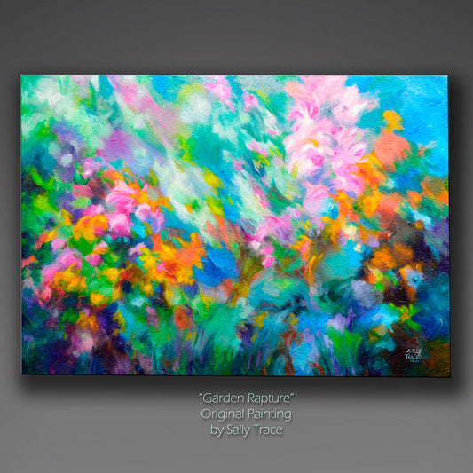 Abstract mixed media textured impasto painting "Garden Rapture" 24x36 inches, 1.5 inches deep with a very textured surface. Original abstract art for sale. I was really enjoying the late summer blossoms this year, and the feeling made it's way into this painting. Filled with beautiful, colorful summer floral blossoms.