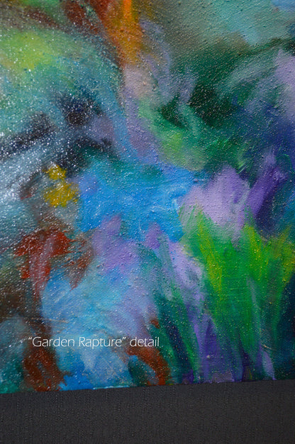 Abstract mixed media textured impasto painting "Garden Rapture" 24x36 inches, 1.5 inches deep with a very textured surface.  Original abstract art for sale.  I was really enjoying the late summer blossoms this year, and the feeling made it's way into this painting.  Filled with beautiful, colorful summer floral blossoms. Detail view.