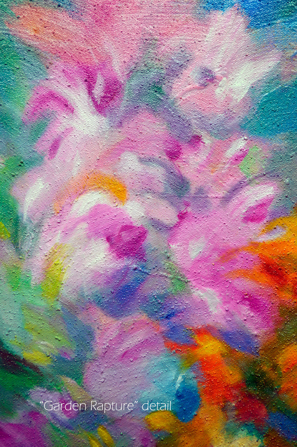 Abstract mixed media textured impasto painting "Garden Rapture" 24x36 inches, 1.5 inches deep with a very textured surface.  Original abstract art for sale.  I was really enjoying the late summer blossoms this year, and the feeling made it's way into this painting.  Filled with beautiful, colorful summer floral blossoms. Detail view.
