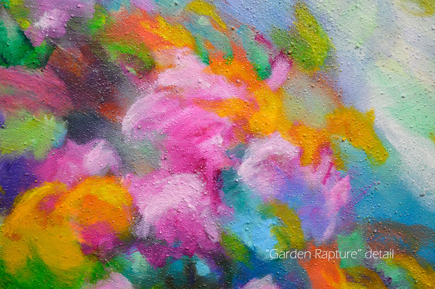Abstract mixed media textured impasto painting "Garden Rapture" 24x36 inches, 1.5 inches deep with a very textured surface.  Original abstract art for sale.  I was really enjoying the late summer blossoms this year, and the feeling made it's way into this painting.  Filled with beautiful, colorful summer floral blossoms. Detail view.