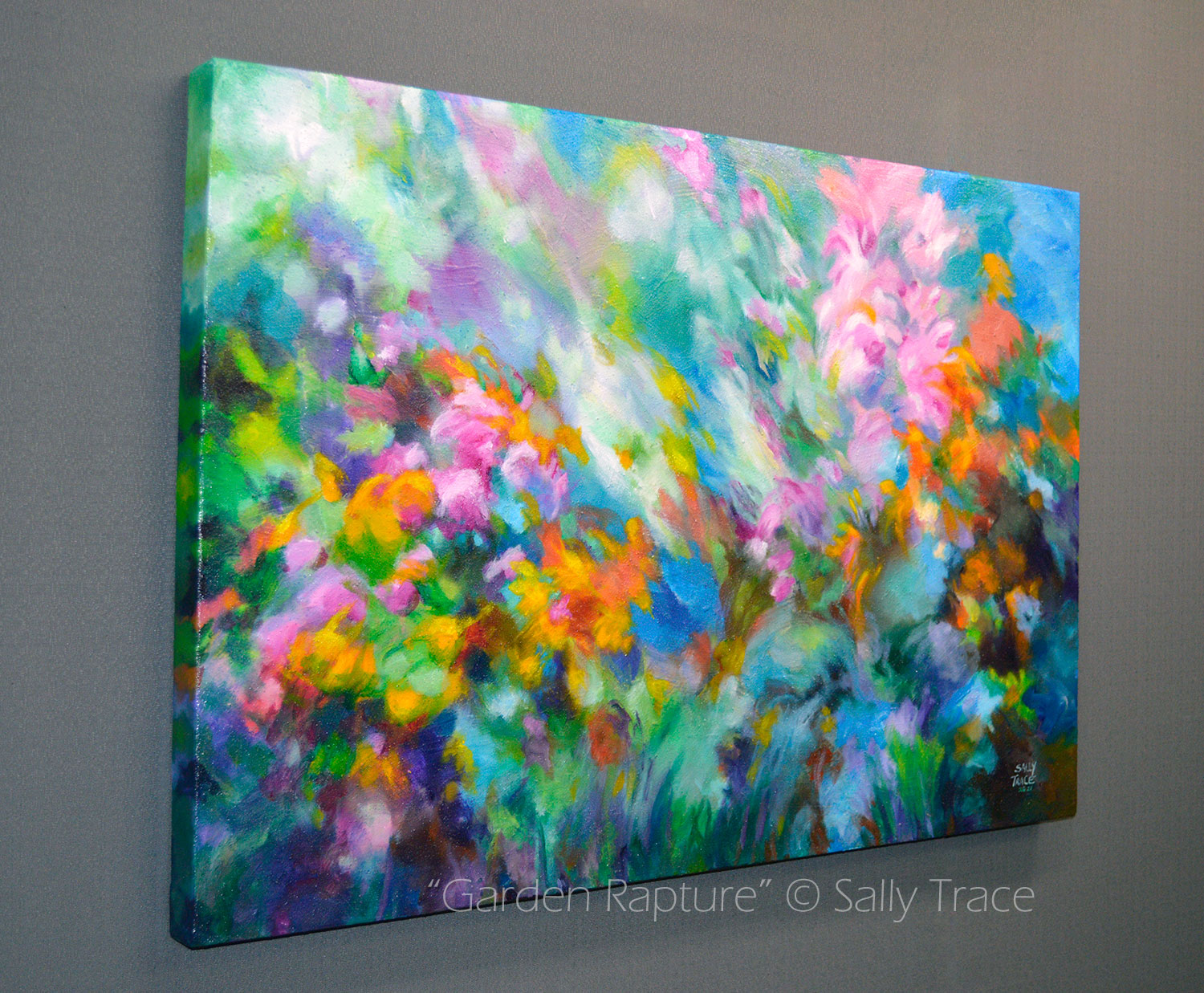 Abstract mixed media textured impasto painting "Garden Rapture" 24x36 inches, 1.5 inches deep with a very textured surface.  Original abstract art for sale.  I was really enjoying the late summer blossoms this year, and the feeling made it's way into this painting.  Filled with beautiful, colorful summer floral blossoms. left view