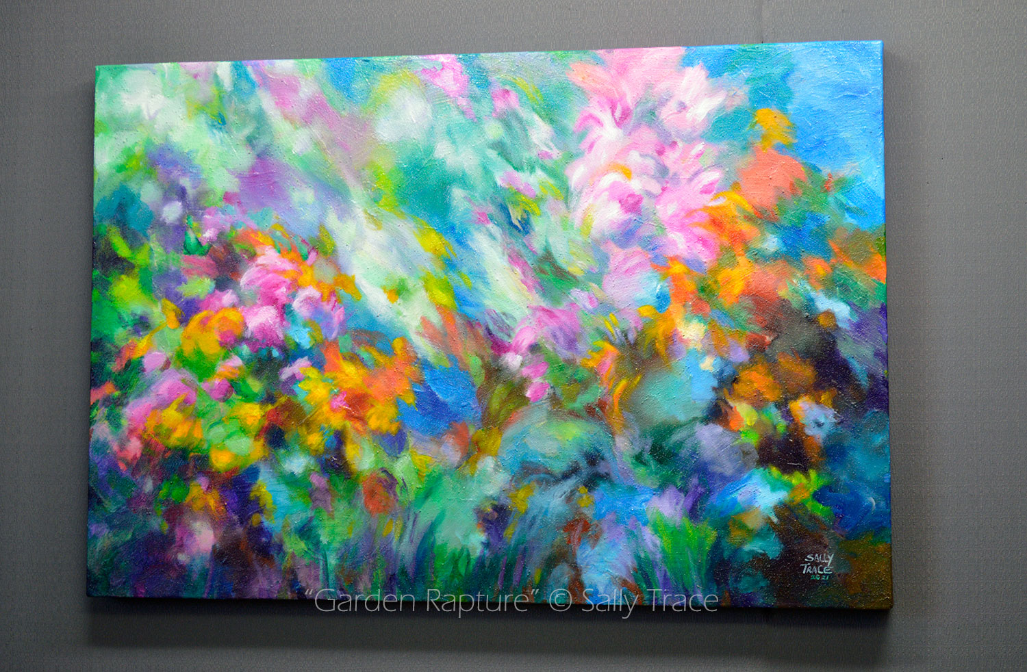 Abstract mixed media textured impasto painting "Garden Rapture" 24x36 inches, 1.5 inches deep with a very textured surface.  Original abstract art for sale.  I was really enjoying the late summer blossoms this year, and the feeling made it's way into this painting.  Filled with beautiful, colorful summer floral blossoms. 