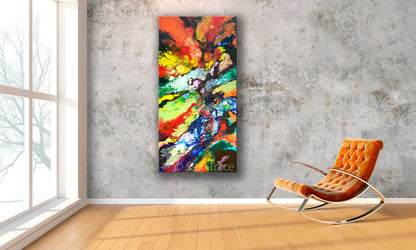 Expressionist painting print on canvas, fluid art painting print, vertical wall art, strata geology art, "Geological Time" giclee prints on canvas by Sally Trace, room view