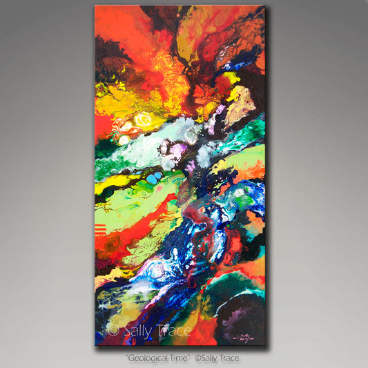 Expressionist painting print on canvas, fluid art painting print, vertical wall art, strata geology art, "Geological Time" giclee prints on canvas by Sally Trace