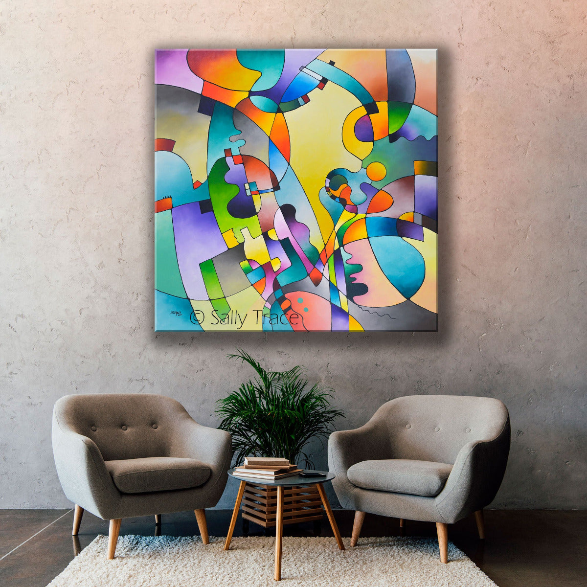 Modern geometric giclee print on canvas made from the original acrylic painting, abstract art painting print for sale "Geometric Rhythms", linear lines, bright colors, gradations of colors, black outlines. By Sally Trace, room view