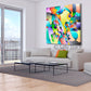 Modern geometric giclee print on canvas made from the original acrylic painting, abstract art painting print for sale "Geometric Rhythms", linear lines, bright colors, gradations of colors, black outlines. By Sally Trace, room view