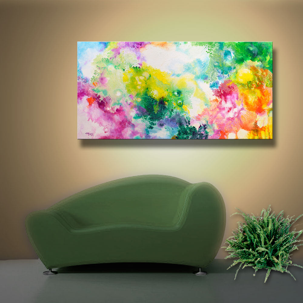 Ethereal Resonance, giclee print on stretched canvas from the original fluid painting by Sally Trace, room view