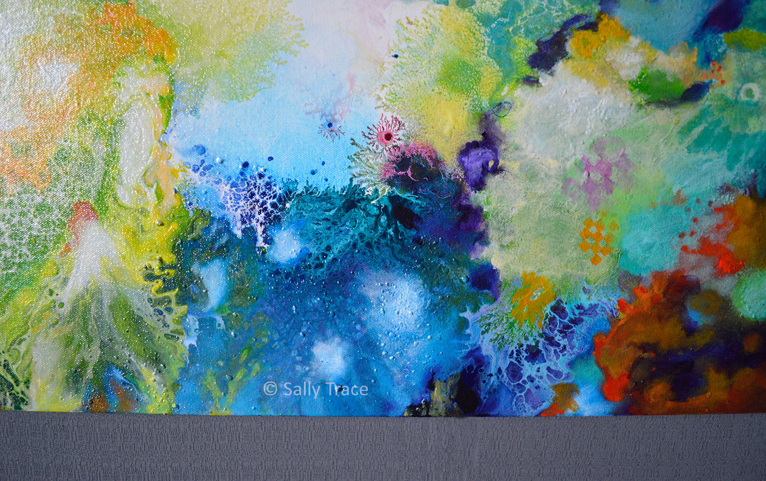 Harmonic Vibrations, original fluid acrylic pour painting for sale by Sally Trace, close up view
