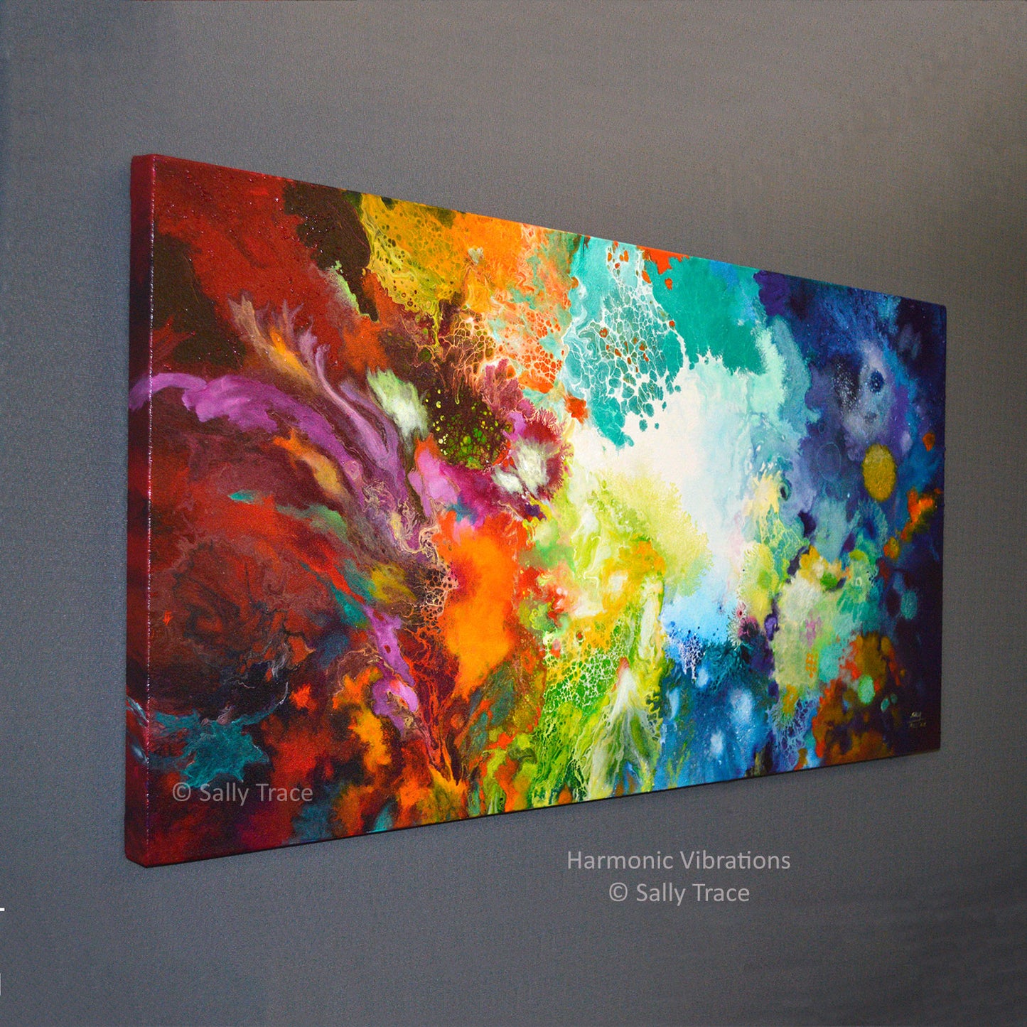 Harmonic Vibrations, original fluid acrylic pour painting for sale by Sally Trace, left side view