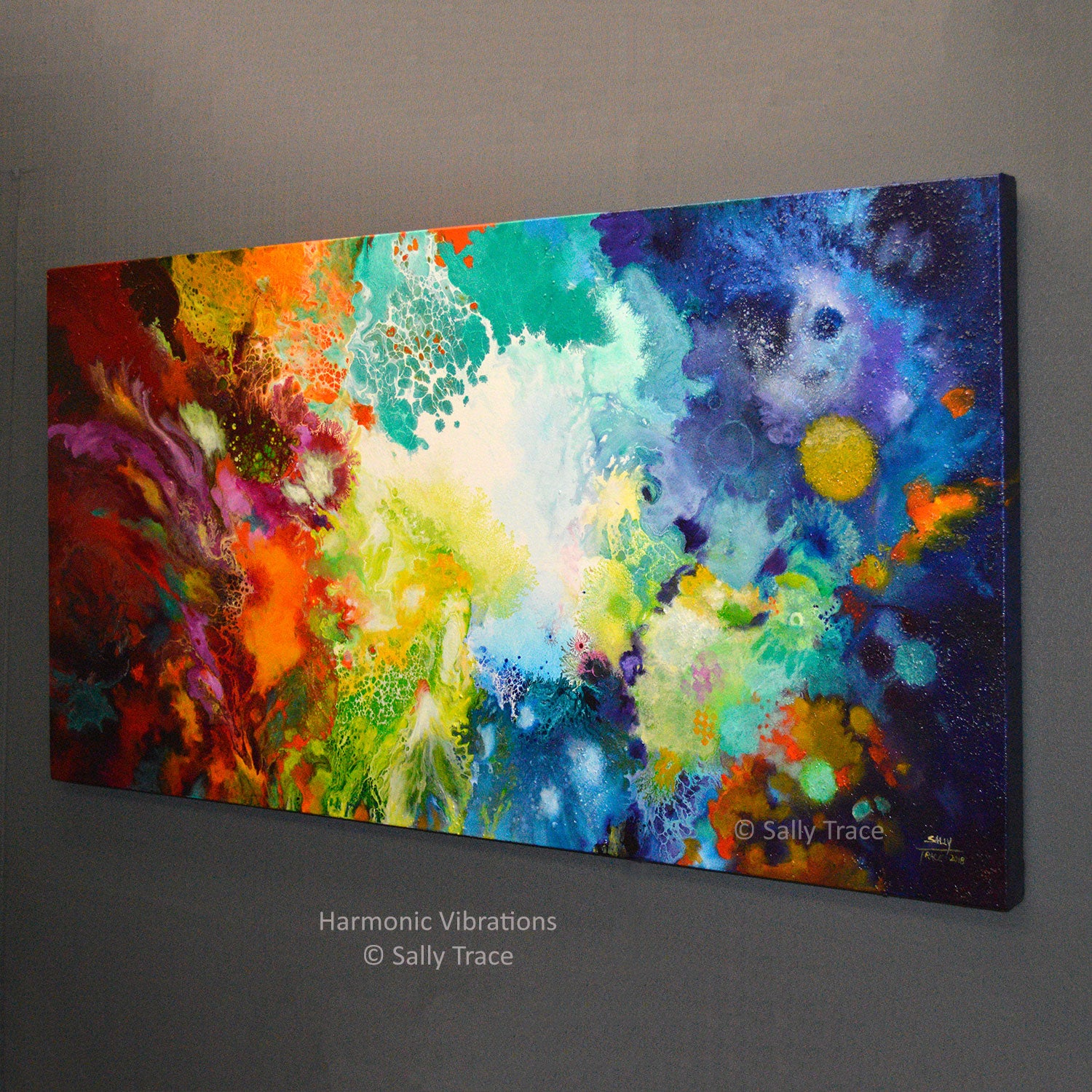 Harmonic Vibrations, original fluid acrylic pour painting for sale by Sally Trace, side view