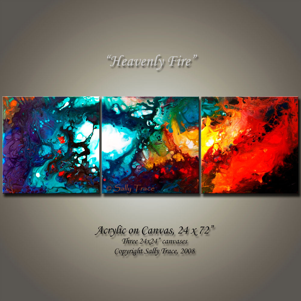 Fluid art triptych "Heavenly Fire by Sally Trace