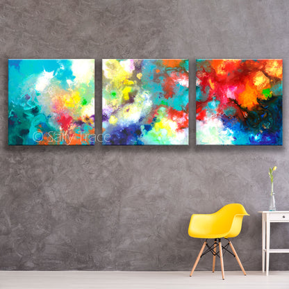 Holding the High Watch, large art prints from the original triptych painting by Sally Trace, horizontal triptych wall art, colorful modern bedroom designs, room view