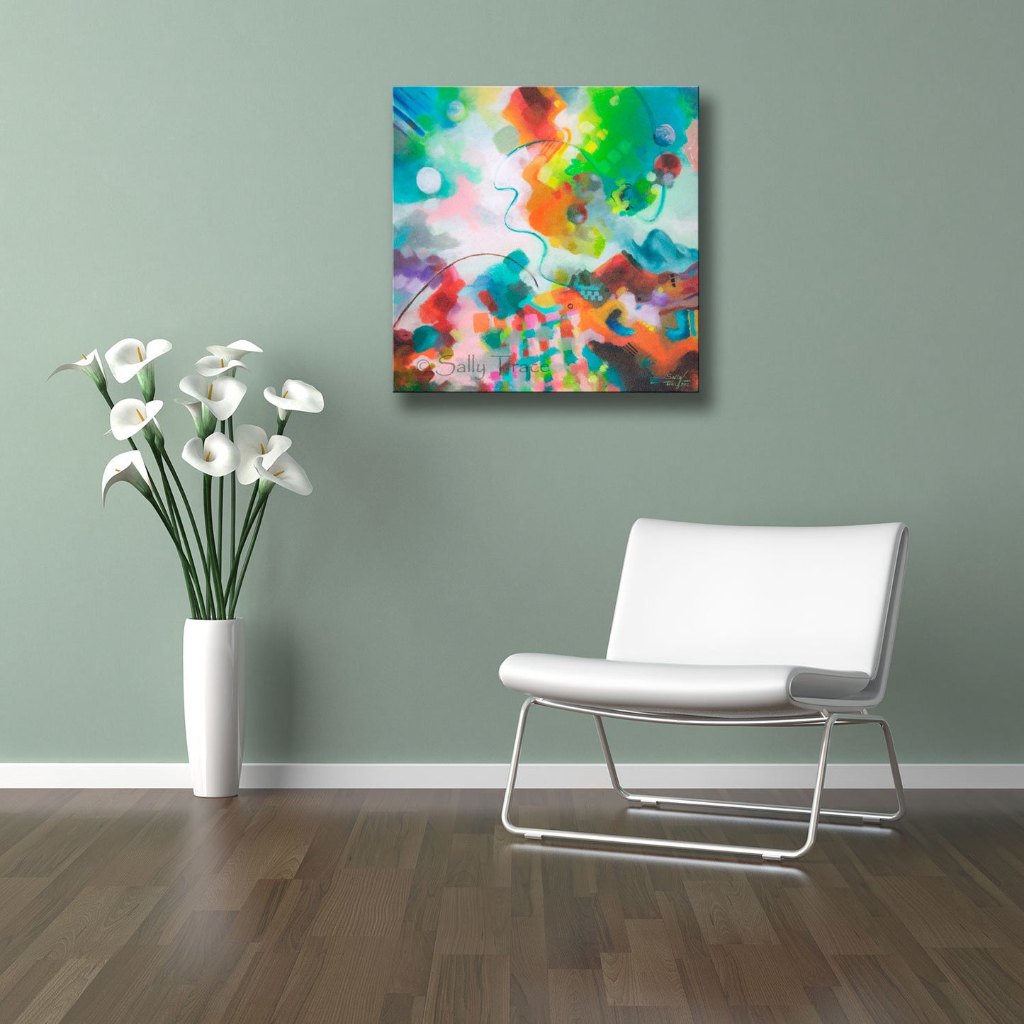 Giclee print on stretched canvas of a textured abstract landscape painting "Lasso Moon" © Sally Trace, room view with Calla Lilies and chair