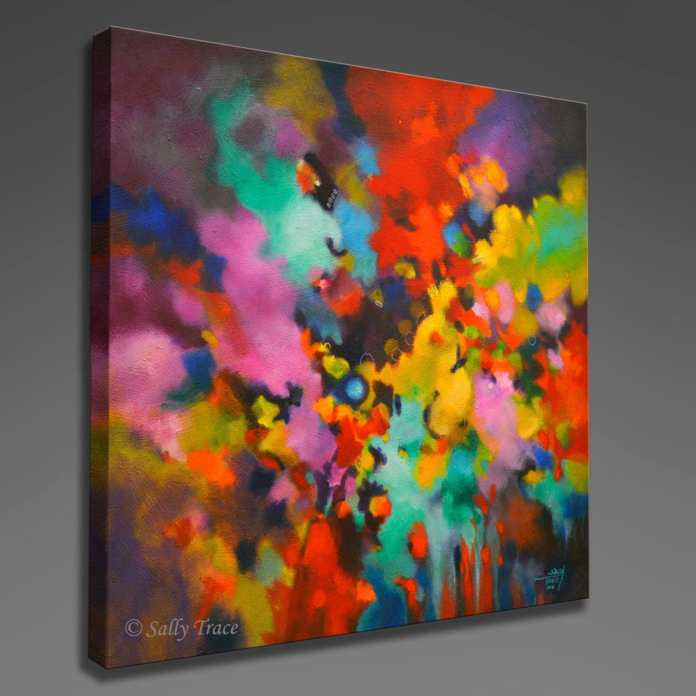 Excitation, giclee print on stretched canvas from the original textured abstract painting by Sally Trace, left view