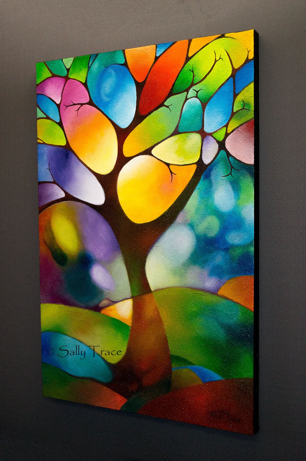 Singing Tree, original textured landscape painting by Sally Trace, side view