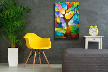 Singing Tree, original textured modern art geometric painting by Sally Trace, pictured in a roomroom