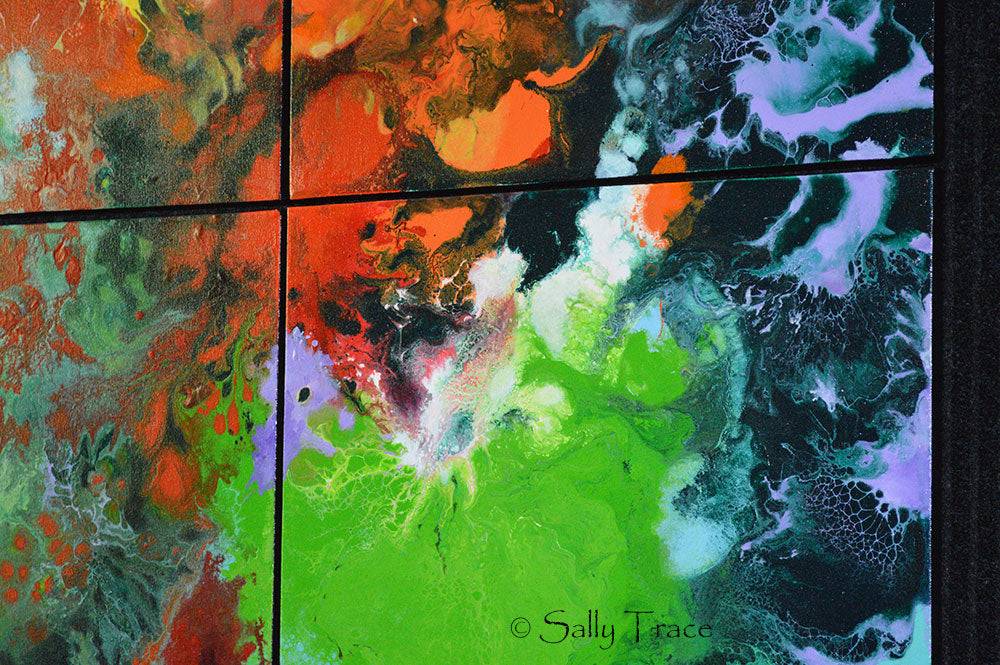 Original abstract painting, four canvas painting "In the Vortex by Sally Trace, detail