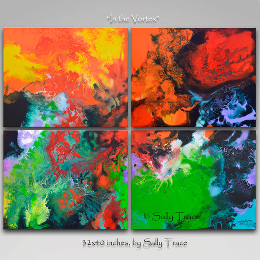 Original abstract painting, four canvas painting "In the Vortex by Sally Trace