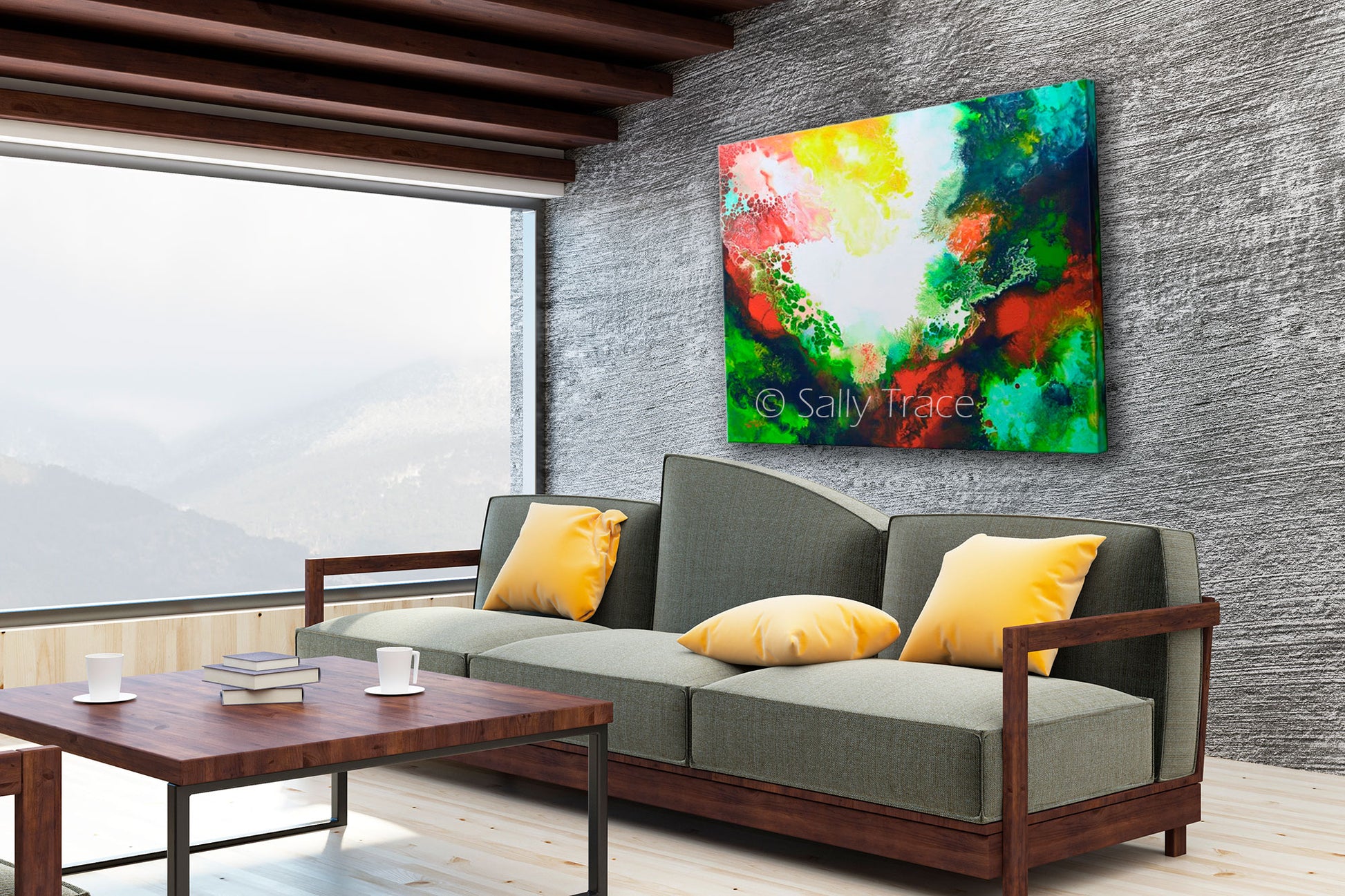 "Infusion 2" by Sally Trace, a giclee print on stretched canvas made from Sally's original modern art, contemporary fluid art abstract acrylic painting, room view