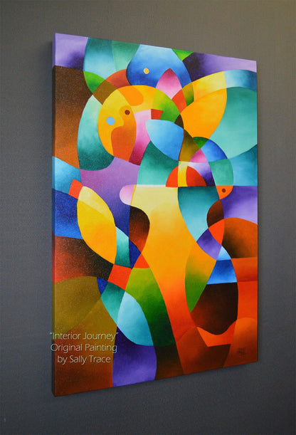 Modern geometric hard edged original abstract painting "Interior Journey" by Sally Trace, acrylic abstract paintings for sale