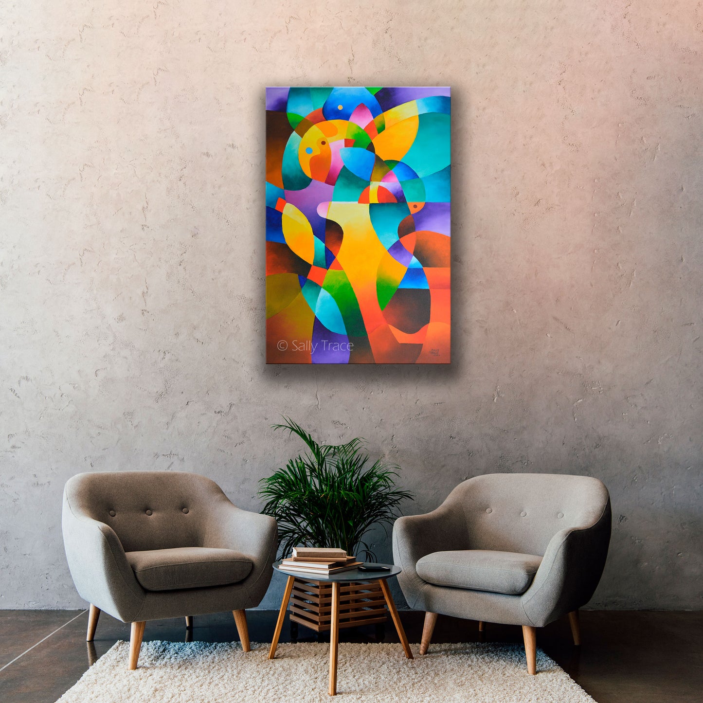 Geometric cubism, Abstract art paintings, modern art geometric hard edged original abstract painting "Interior Journey" by Sally Trace, free shipping