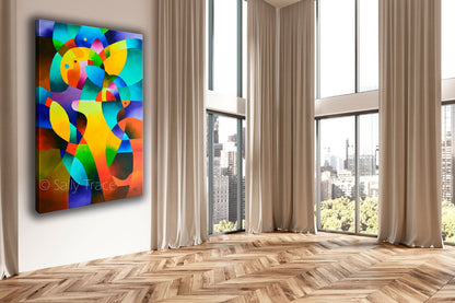 Giclee prints on stretched canvas made from "Interior Journey", a hard edge abstraction geometric art painting by Sally Trace, modern contemporary art for sale by the artist