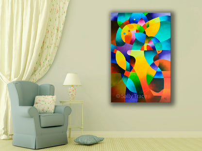 Giclee prints on stretched canvas made from "Interior Journey", a hard edge abstraction geometric art painting by Sally Trace, modern contemporary art for sale by the artist