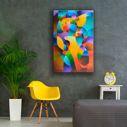 Giclee prints on stretched canvas made from "Interior Journey", a hard edge abstraction geometric art painting by Sally Trace, modern contemporary art for sale by the artist