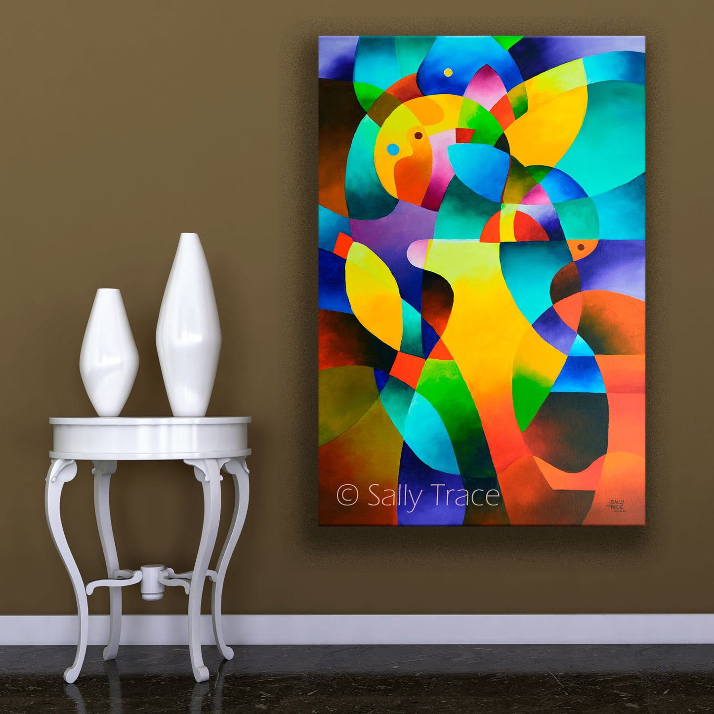 Giclee prints on stretched canvas made from "Interior Journey", a hard edge abstraction geometric art painting by Sally Trace, modern contemporary art for sale by the artist