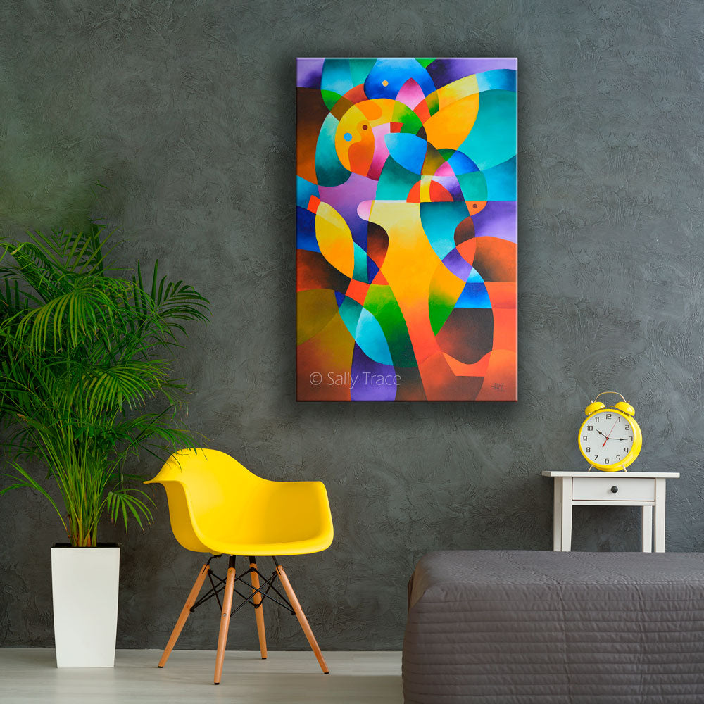 acrylic abstract paintings for sale, modern geometric hard edged original abstract painting "Interior Journey" by Sally Trace