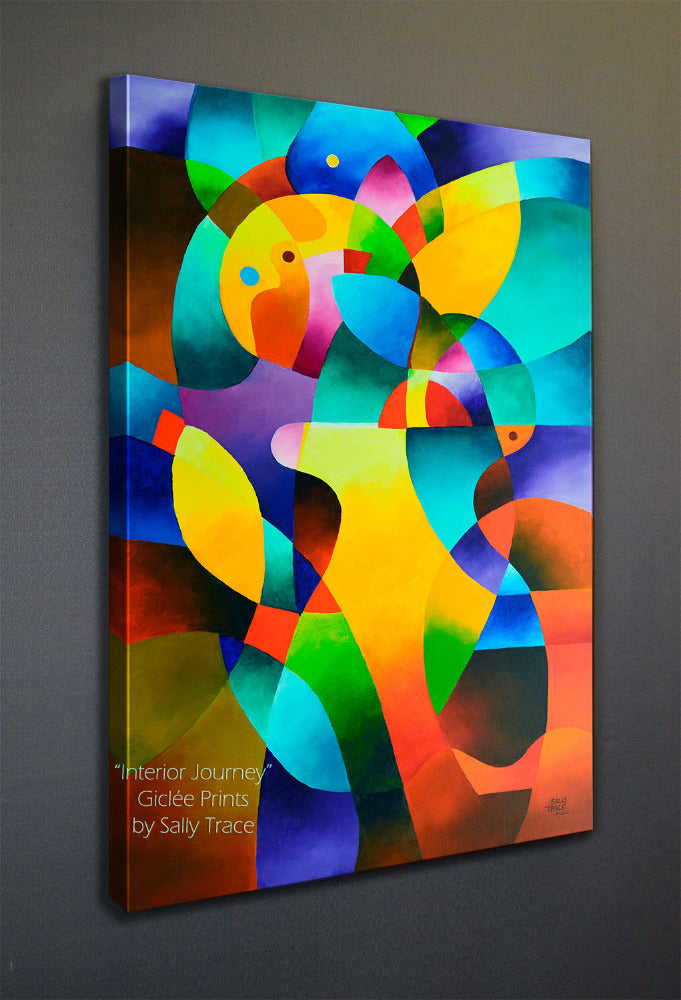 Giclee prints on stretched canvas made from "Interior Journey", a hard edge abstraction geometric art painting by Sally Trace, modern contemporary art for sale by the artist