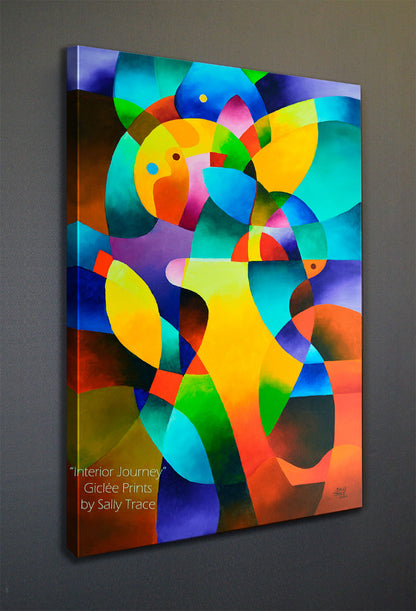 Giclee prints on stretched canvas made from "Interior Journey", a hard edge abstraction geometric art painting by Sally Trace, modern contemporary art for sale by the artist