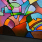 Original abstract landscape painting by Sally Trace that is about a feeling of expansiveness when one is stepping out into a new day. This is an acrylic on canvas painting in a vertical format and is 24 inches high and 48 inches wide.  This image shows the painting with a close-up view.