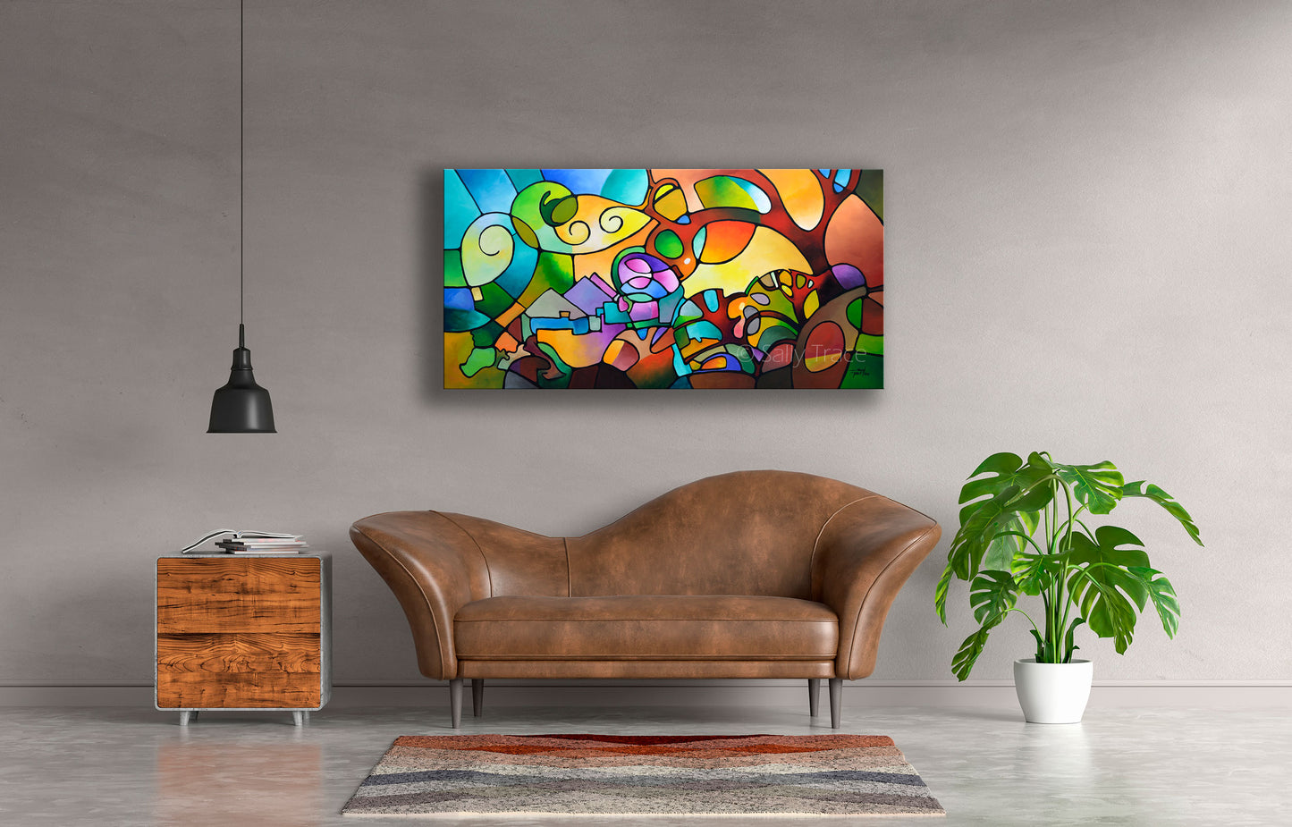 Original abstract landscape painting by Sally Trace that is about a feeling of expansiveness when one is stepping out into a new day. This is an acrylic on canvas painting in a vertical format and is 24 inches high and 48 inches wide.  This image shows the painting in a living room setting.