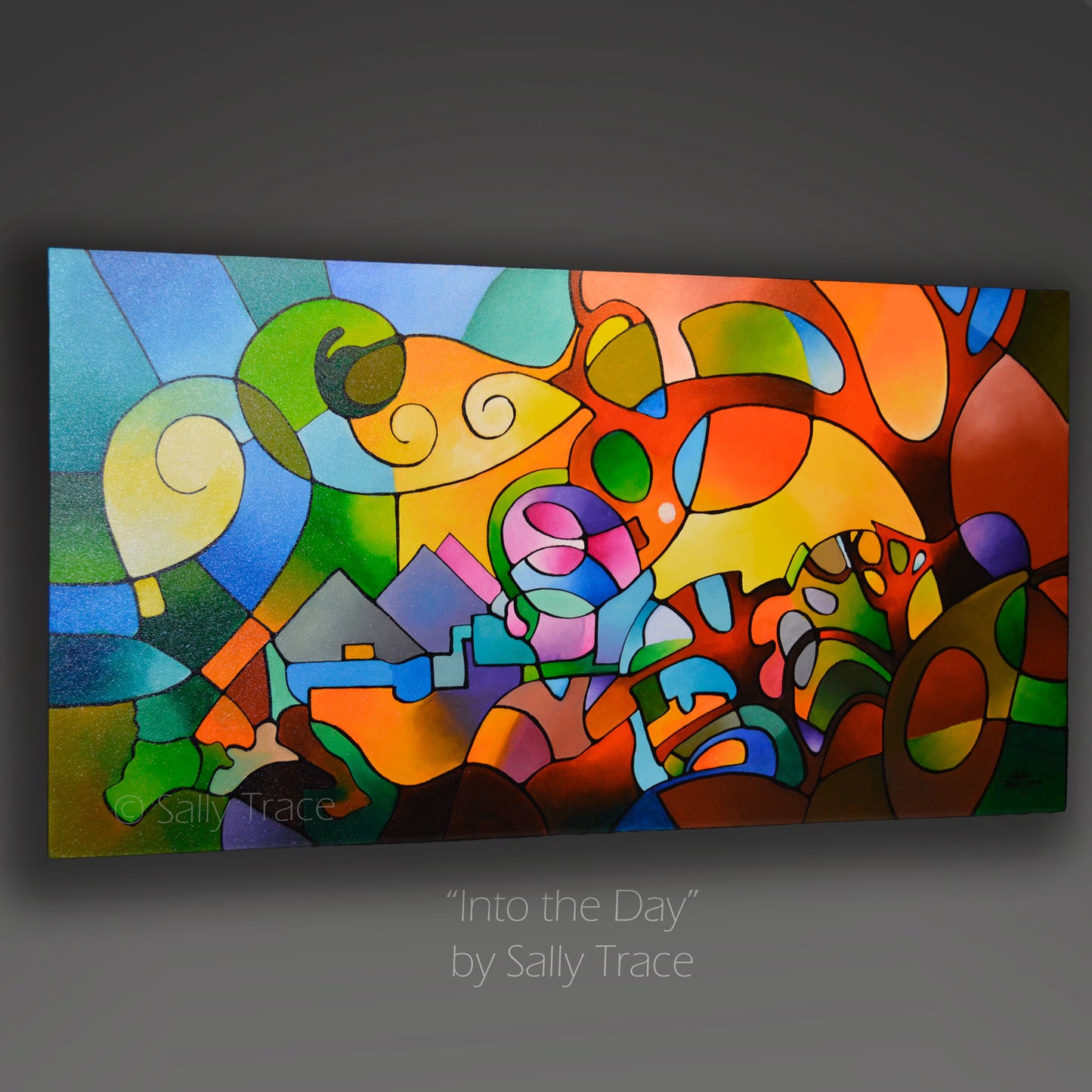 Original abstract landscape painting by Sally Trace that is about a feeling of expansiveness when one is stepping out into a new day. This is an acrylic on canvas painting in a vertical format and is 24 inches high and 48 inches wide.  This image shows the painting from a side view.