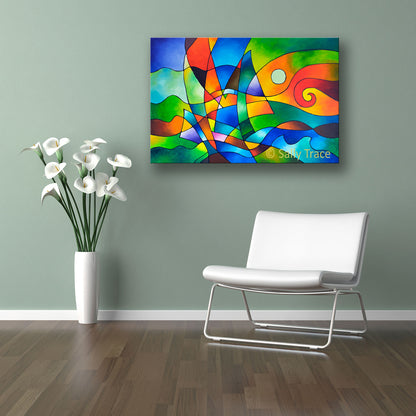 Geometric art prints on stretched canvas from the original abstract painting "Into the Wind" by Sally Trace